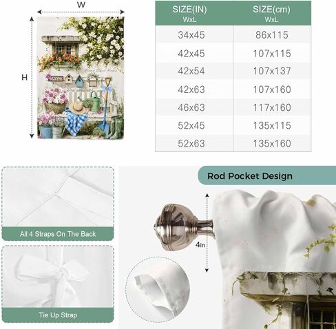 Spring Daisy Tie Up Curtains for Window, Flowers Farmhouse Leaves Floral Pots Countryside Thermal Balloon Shade Adjustable Rod Pocket Curtains Valance Panels for Kitchen Bathroom Café 52'' x 45'' in Saudi Arabia