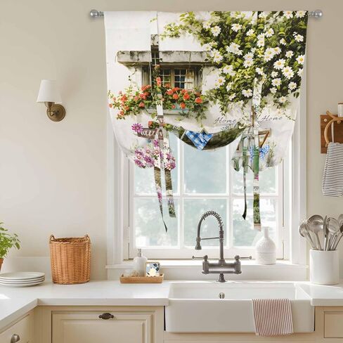 Spring Daisy Tie Up Curtains for Window, Flowers Farmhouse Leaves Floral Pots Countryside Thermal Balloon Shade Adjustable Rod Pocket Curtains Valance Panels for Kitchen Bathroom Café 52'' x 45'' in Saudi Arabia
