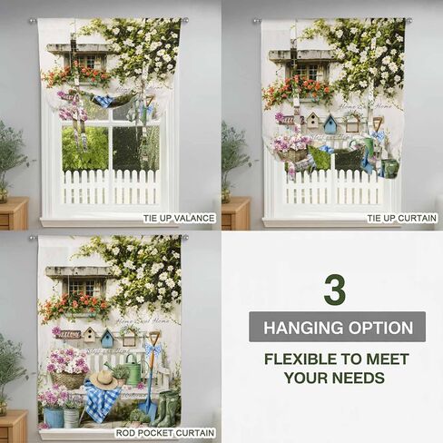 Spring Daisy Tie Up Curtains for Window, Flowers Farmhouse Leaves Floral Pots Countryside Thermal Balloon Shade Adjustable Rod Pocket Curtains Valance Panels for Kitchen Bathroom Café 52'' x 45'' in Saudi Arabia