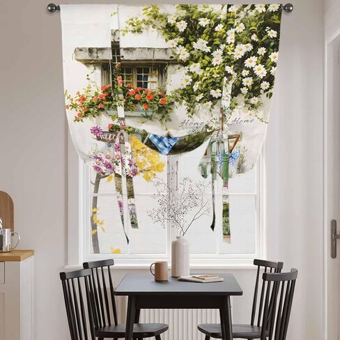 Spring Daisy Tie Up Curtains for Window, Flowers Farmhouse Leaves Floral Pots Countryside Thermal Balloon Shade Adjustable Rod Pocket Curtains Valance Panels for Kitchen Bathroom Café 52'' x 45'' in Saudi Arabia