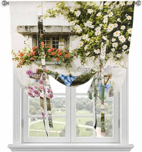 Spring Daisy Tie Up Curtains for Window, Flowers Farmhouse Leaves Floral Pots Countryside Thermal Balloon Shade Adjustable Rod Pocket Curtains Valance Panels for Kitchen Bathroom Café 52'' x 45'' in Saudi Arabia