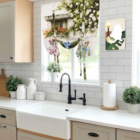 Spring Daisy Tie Up Curtains for Window, Flowers Farmhouse Leaves Floral Pots Countryside Thermal Balloon Shade Adjustable Rod Pocket Curtains Valance Panels for Kitchen Bathroom Café 52'' x 45'' in Saudi Arabia