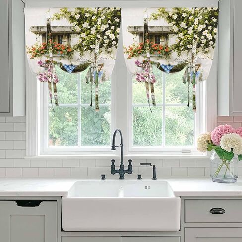 Spring Daisy Tie Up Curtains for Window, Flowers Farmhouse Leaves Floral Pots Countryside Thermal Balloon Shade Adjustable Rod Pocket Curtains Valance Panels for Kitchen Bathroom Café 52'' x 45'' in Saudi Arabia
