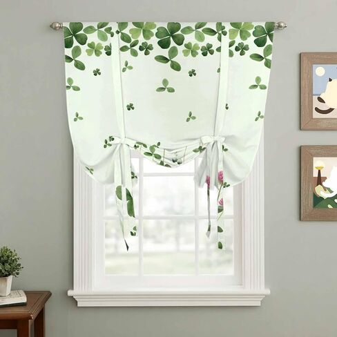 St. Patrick's Day Tie Up Curtains for Window, Green Shamrocks Floral Botanical Thermal Insulated Balloon Shade Adjustable Rod Pocket Curtains Valance Panels for Kitchen Bathroom Café 52'' x 45'' in Saudi Arabia