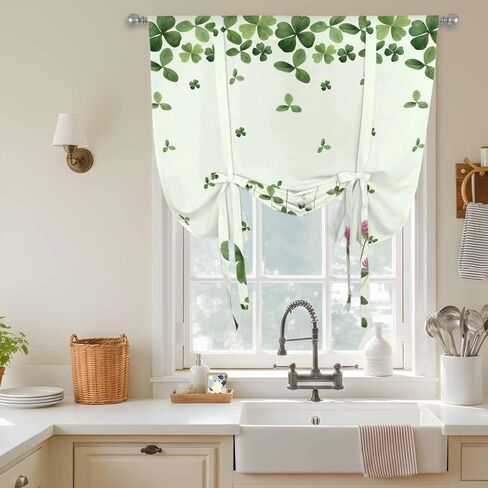 St. Patrick's Day Tie Up Curtains for Window, Green Shamrocks Floral Botanical Thermal Insulated Balloon Shade Adjustable Rod Pocket Curtains Valance Panels for Kitchen Bathroom Café 52'' x 45'' in Saudi Arabia