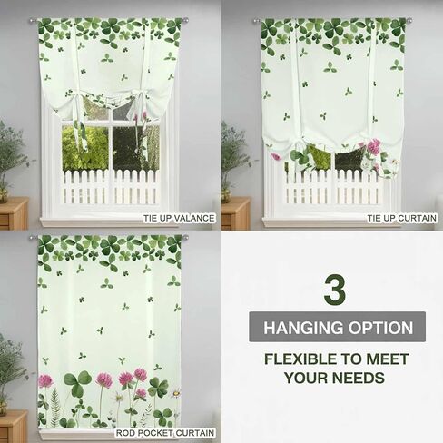 St. Patrick's Day Tie Up Curtains for Window, Green Shamrocks Floral Botanical Thermal Insulated Balloon Shade Adjustable Rod Pocket Curtains Valance Panels for Kitchen Bathroom Café 52'' x 45'' in Saudi Arabia