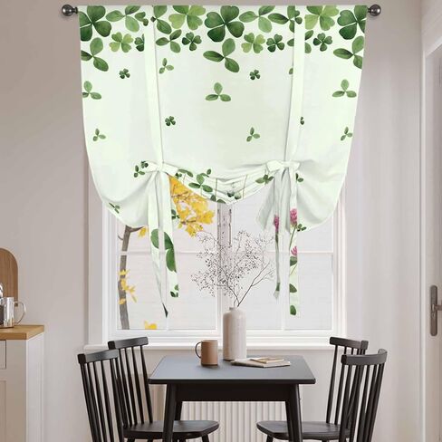St. Patrick's Day Tie Up Curtains for Window, Green Shamrocks Floral Botanical Thermal Insulated Balloon Shade Adjustable Rod Pocket Curtains Valance Panels for Kitchen Bathroom Café 52'' x 45'' in Saudi Arabia