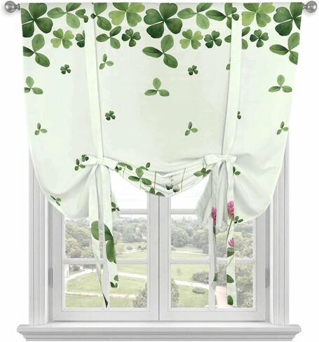St. Patrick's Day Tie Up Curtains for Window, Green Shamrocks Floral Botanical Thermal Insulated Balloon Shade Adjustable Rod Pocket Curtains Valance Panels for Kitchen Bathroom Café 52'' x 45'' in Saudi Arabia