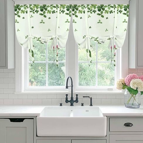 St. Patrick's Day Tie Up Curtains for Window, Green Shamrocks Floral Botanical Thermal Insulated Balloon Shade Adjustable Rod Pocket Curtains Valance Panels for Kitchen Bathroom Café 52'' x 45'' in Saudi Arabia