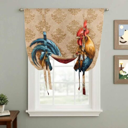 Farm Rooster Tie Up Curtains for Window, Farmhouse Boho Animals Retro Pattern Thermal Insulated Balloon Shade Adjustable Rod Pocket Curtains Valance Panels for Kitchen Bathroom Café 52'' x 45'' in Saudi Arabia