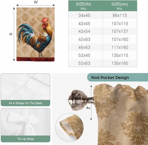Farm Rooster Tie Up Curtains for Window, Farmhouse Boho Animals Retro Pattern Thermal Insulated Balloon Shade Adjustable Rod Pocket Curtains Valance Panels for Kitchen Bathroom Café 52'' x 45'' in Saudi Arabia