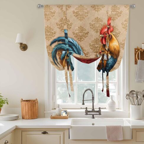 Farm Rooster Tie Up Curtains for Window, Farmhouse Boho Animals Retro Pattern Thermal Insulated Balloon Shade Adjustable Rod Pocket Curtains Valance Panels for Kitchen Bathroom Café 52'' x 45'' in Saudi Arabia