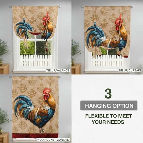 Farm Rooster Tie Up Curtains for Window, Farmhouse Boho Animals Retro Pattern Thermal Insulated Balloon Shade Adjustable Rod Pocket Curtains Valance Panels for Kitchen Bathroom Café 52'' x 45'' in Saudi Arabia