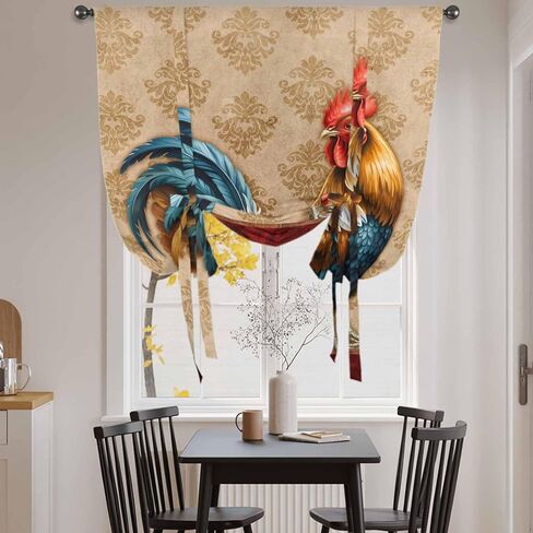 Farm Rooster Tie Up Curtains for Window, Farmhouse Boho Animals Retro Pattern Thermal Insulated Balloon Shade Adjustable Rod Pocket Curtains Valance Panels for Kitchen Bathroom Café 52'' x 45'' in Saudi Arabia