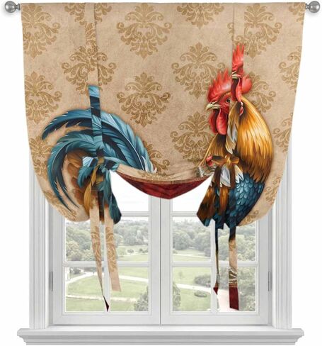 Farm Rooster Tie Up Curtains for Window, Farmhouse Boho Animals Retro Pattern Thermal Insulated Balloon Shade Adjustable Rod Pocket Curtains Valance Panels for Kitchen Bathroom Café 52'' x 45'' in Saudi Arabia