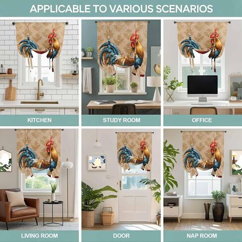 Farm Rooster Tie Up Curtains for Window, Farmhouse Boho Animals Retro Pattern Thermal Insulated Balloon Shade Adjustable Rod Pocket Curtains Valance Panels for Kitchen Bathroom Café 52'' x 45'' in Saudi Arabia