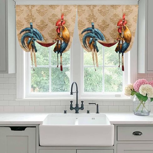 Farm Rooster Tie Up Curtains for Window, Farmhouse Boho Animals Retro Pattern Thermal Insulated Balloon Shade Adjustable Rod Pocket Curtains Valance Panels for Kitchen Bathroom Café 52'' x 45'' in Saudi Arabia