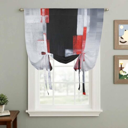 Red Black Modern Tie Up Curtains for Window, Abstract Oil Painting Geometric Artwork Thermal Insulated Balloon Shade Adjustable Rod Pocket Curtains Valance Panels for Kitchen Bathroom Café 52'' x 63'' in Saudi Arabia