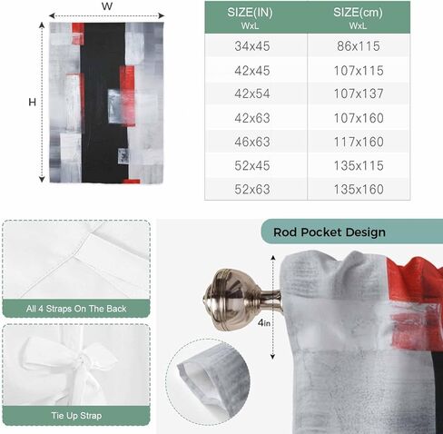 Red Black Modern Tie Up Curtains for Window, Abstract Oil Painting Geometric Artwork Thermal Insulated Balloon Shade Adjustable Rod Pocket Curtains Valance Panels for Kitchen Bathroom Café 52'' x 63'' in Saudi Arabia