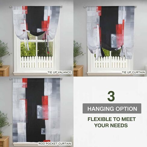 Red Black Modern Tie Up Curtains for Window, Abstract Oil Painting Geometric Artwork Thermal Insulated Balloon Shade Adjustable Rod Pocket Curtains Valance Panels for Kitchen Bathroom Café 52'' x 63'' in Saudi Arabia