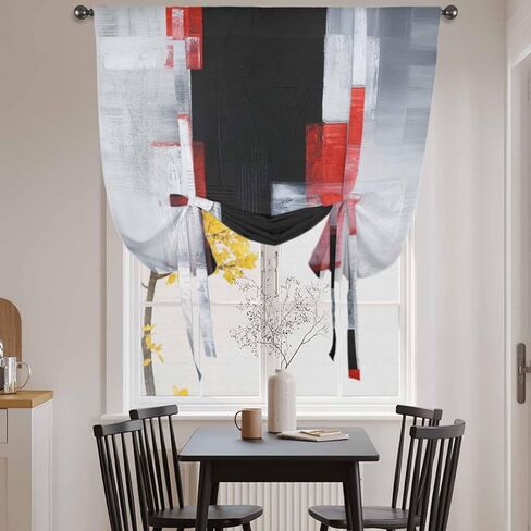 Red Black Modern Tie Up Curtains for Window, Abstract Oil Painting Geometric Artwork Thermal Insulated Balloon Shade Adjustable Rod Pocket Curtains Valance Panels for Kitchen Bathroom Café 52'' x 63'' in Saudi Arabia