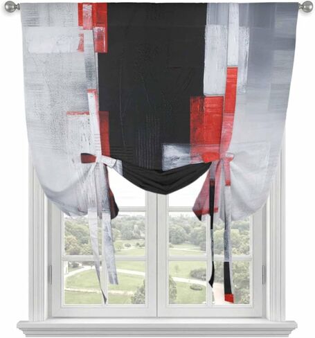 Red Black Modern Tie Up Curtains for Window, Abstract Oil Painting Geometric Artwork Thermal Insulated Balloon Shade Adjustable Rod Pocket Curtains Valance Panels for Kitchen Bathroom Café 52'' x 63'' in Saudi Arabia