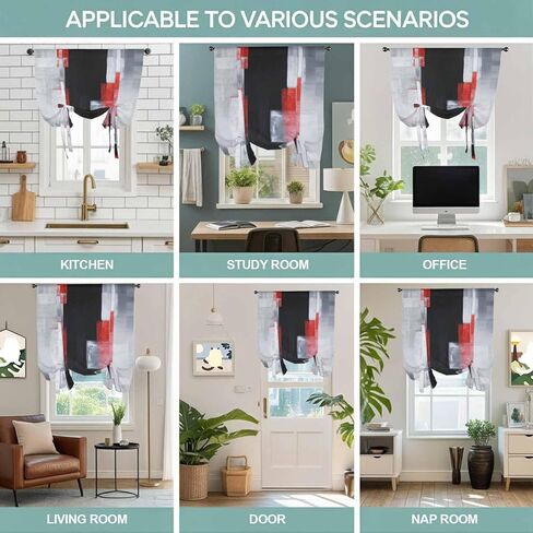 Red Black Modern Tie Up Curtains for Window, Abstract Oil Painting Geometric Artwork Thermal Insulated Balloon Shade Adjustable Rod Pocket Curtains Valance Panels for Kitchen Bathroom Café 52'' x 63'' in Saudi Arabia