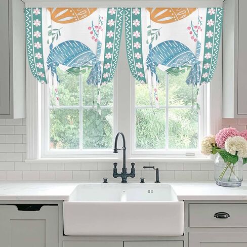 Blue Eggs Easter Tie Up Curtains for Window, Pink Spring Floral Elegant Pastoral Thermal Insulated Balloon Shade Adjustable Rod Pocket Curtains Valance Panels for Kitchen Bathroom Café 42'' x 45'' in Saudi Arabia
