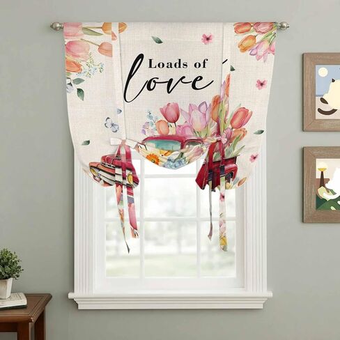 Spring Flowers Tie Up Curtains for Window, Country Red Truck Pink Floral Botanical Retro Thermal Balloon Shade Adjustable Rod Pocket Curtains Valance Panels for Kitchen Bathroom Café 52'' x 63'' in Saudi Arabia