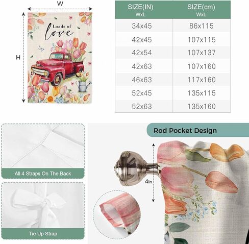 Spring Flowers Tie Up Curtains for Window, Country Red Truck Pink Floral Botanical Retro Thermal Balloon Shade Adjustable Rod Pocket Curtains Valance Panels for Kitchen Bathroom Café 52'' x 63'' in Saudi Arabia
