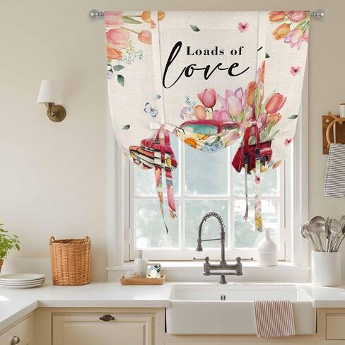 Spring Flowers Tie Up Curtains for Window, Country Red Truck Pink Floral Botanical Retro Thermal Balloon Shade Adjustable Rod Pocket Curtains Valance Panels for Kitchen Bathroom Café 52'' x 63'' in Saudi Arabia