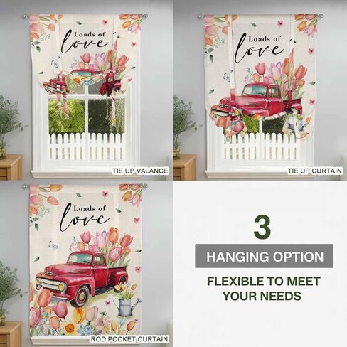 Spring Flowers Tie Up Curtains for Window, Country Red Truck Pink Floral Botanical Retro Thermal Balloon Shade Adjustable Rod Pocket Curtains Valance Panels for Kitchen Bathroom Café 52'' x 63'' in Saudi Arabia