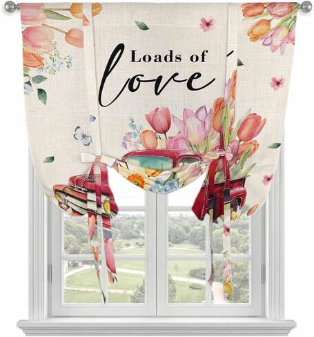 Spring Flowers Tie Up Curtains for Window, Country Red Truck Pink Floral Botanical Retro Thermal Balloon Shade Adjustable Rod Pocket Curtains Valance Panels for Kitchen Bathroom Café 52'' x 63'' in Saudi Arabia