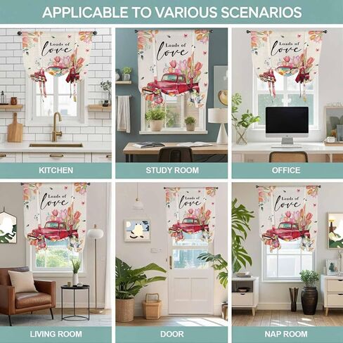 Spring Flowers Tie Up Curtains for Window, Country Red Truck Pink Floral Botanical Retro Thermal Balloon Shade Adjustable Rod Pocket Curtains Valance Panels for Kitchen Bathroom Café 52'' x 63'' in Saudi Arabia