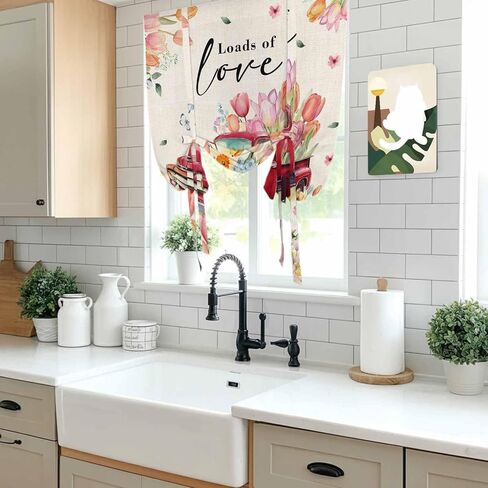 Spring Flowers Tie Up Curtains for Window, Country Red Truck Pink Floral Botanical Retro Thermal Balloon Shade Adjustable Rod Pocket Curtains Valance Panels for Kitchen Bathroom Café 52'' x 63'' in Saudi Arabia