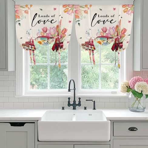 Spring Flowers Tie Up Curtains for Window, Country Red Truck Pink Floral Botanical Retro Thermal Balloon Shade Adjustable Rod Pocket Curtains Valance Panels for Kitchen Bathroom Café 52'' x 63'' in Saudi Arabia