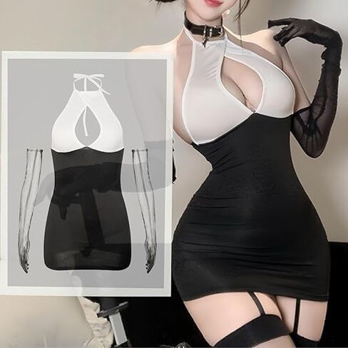 Women's Cosplay Lingerie Set Secretary Outfit Sexy Fitted Halter Neck Mini Dress Backless Cut-Out Office Lady Uniform Secretaty Role Play in Kuwait