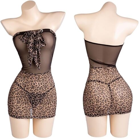 فستان لانجري مثير للنساء، زي تنكري بودي كون، زي تنكري بطبعة الفهد، بدون حمالات، فستان نسائي قصير بدون ظهر، ملابس نوم، حفلة لعب الأدوار، بني in Kuwait