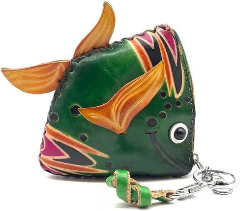 Handmade Vintage Genuine Leather 3D Animal Fish Money Coin Purse with wrist strap; Removable strap (Red) in Kuwait