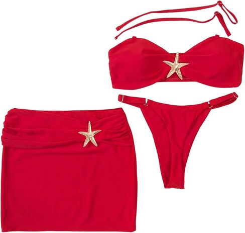Verdusa Women's 3 Piece Strapless Bandeau Bikini Set Metal Star Swimsuit with Cover Up Skirt in Saudi Arabia