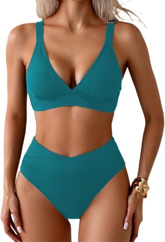 Tainehs Women's Ribbed Bikini Sets Two Piece Swimsuit V Neck High Waisted Bathing Suit in Kuwait