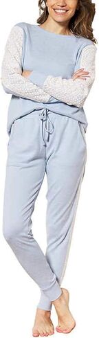 Women's 2 Piece Long Sleeve Lounge Set with Lace, Long Sleeve Top & Jogger Pant (Blue, Medium) in Kuwait