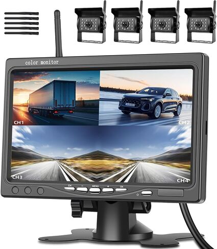 Wireless Backup Camera 7" IPS Monitor 1080P & 4 Rear View Cameras for All Vehicles, IP68 Waterproof Night Vision Camera for Trailer Truck Bus Car, 12-36V and 14 Languages in Saudi Arabia