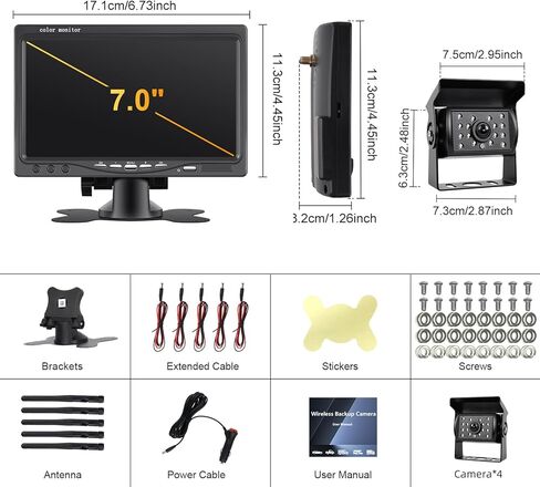 Wireless Backup Camera 7" IPS Monitor 1080P & 4 Rear View Cameras for All Vehicles, IP68 Waterproof Night Vision Camera for Trailer Truck Bus Car, 12-36V and 14 Languages in Saudi Arabia