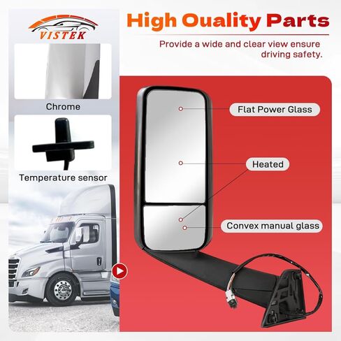 Driver Left Side Power Heated Door Mirror with Chrome Back Cover FIT Freightliner Cascadia 2018–2024 – Motorized Defrost – Direct Replacement – Replace OE# A22-73907-006 A22-75498-002 in Saudi Arabia
