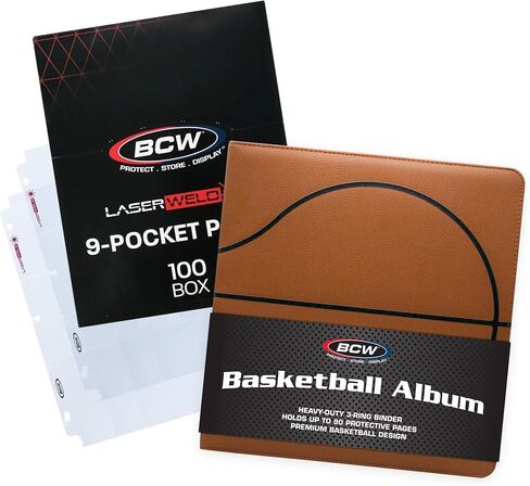 BCW LaserWeld 9 Pocket Pages (50 Pack) & BCW 3-Inch Sports Collectors Album - Basketball | Ultra Flat and Clear Pocket Pages with 3" Binder for Trading Cards | Ideal for Basketball Card Collectors in Saudi Arabia