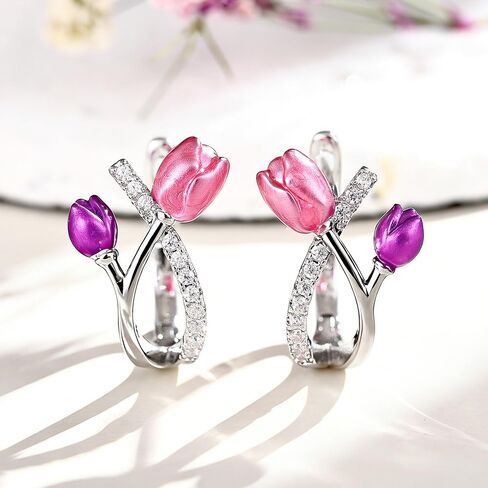 Romantic Pink/Purple Tulip Flower Hoop Earrings Brilliant CZ Female Jewelry in Saudi Arabia