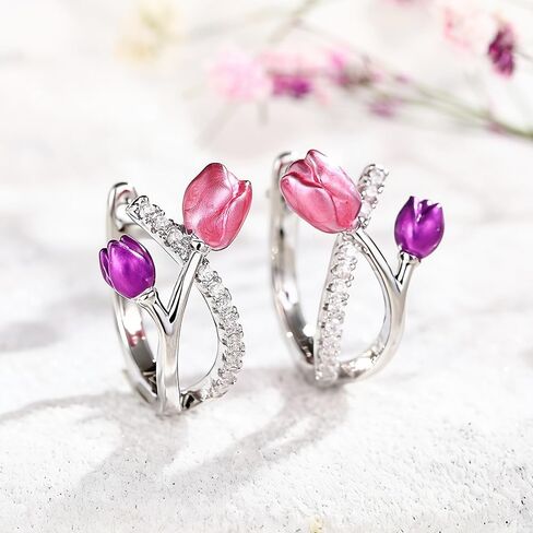 Romantic Pink/Purple Tulip Flower Hoop Earrings Brilliant CZ Female Jewelry in Saudi Arabia