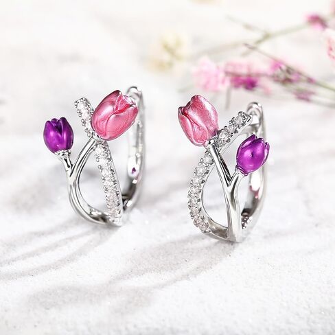 Romantic Pink/Purple Tulip Flower Hoop Earrings Brilliant CZ Female Jewelry in Saudi Arabia