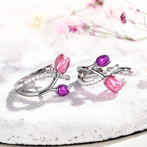 Romantic Pink/Purple Tulip Flower Hoop Earrings Brilliant CZ Female Jewelry in Saudi Arabia